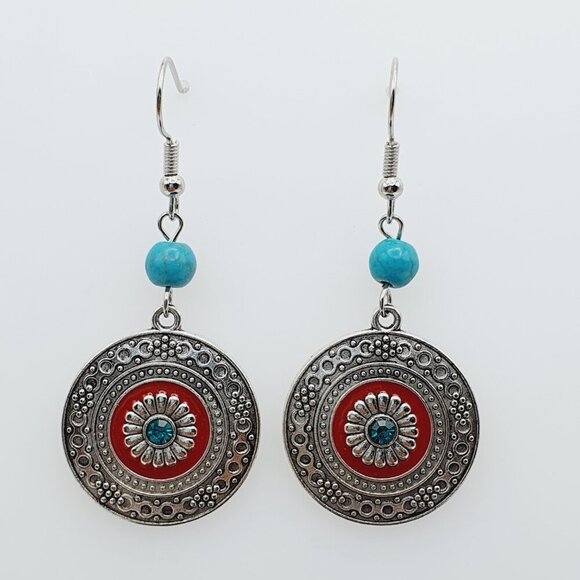 Boho Round Flower Earrings – Turquoise & Coral Accents, AZFA1127 - Picture 1 of 14